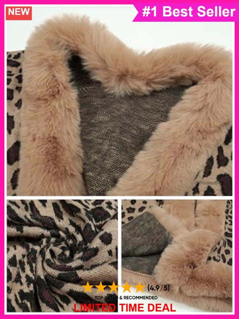 Leopard Print Knitted Poncho Shawl Wrap Faux Fur Collar Open Front - Picture 5 of 5